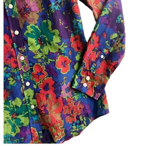 J Crew Navy Blue Green Pink Floral Lightweight Airy Cotton Silk Shirt Top XXS 00 - Picture 3 of 5
